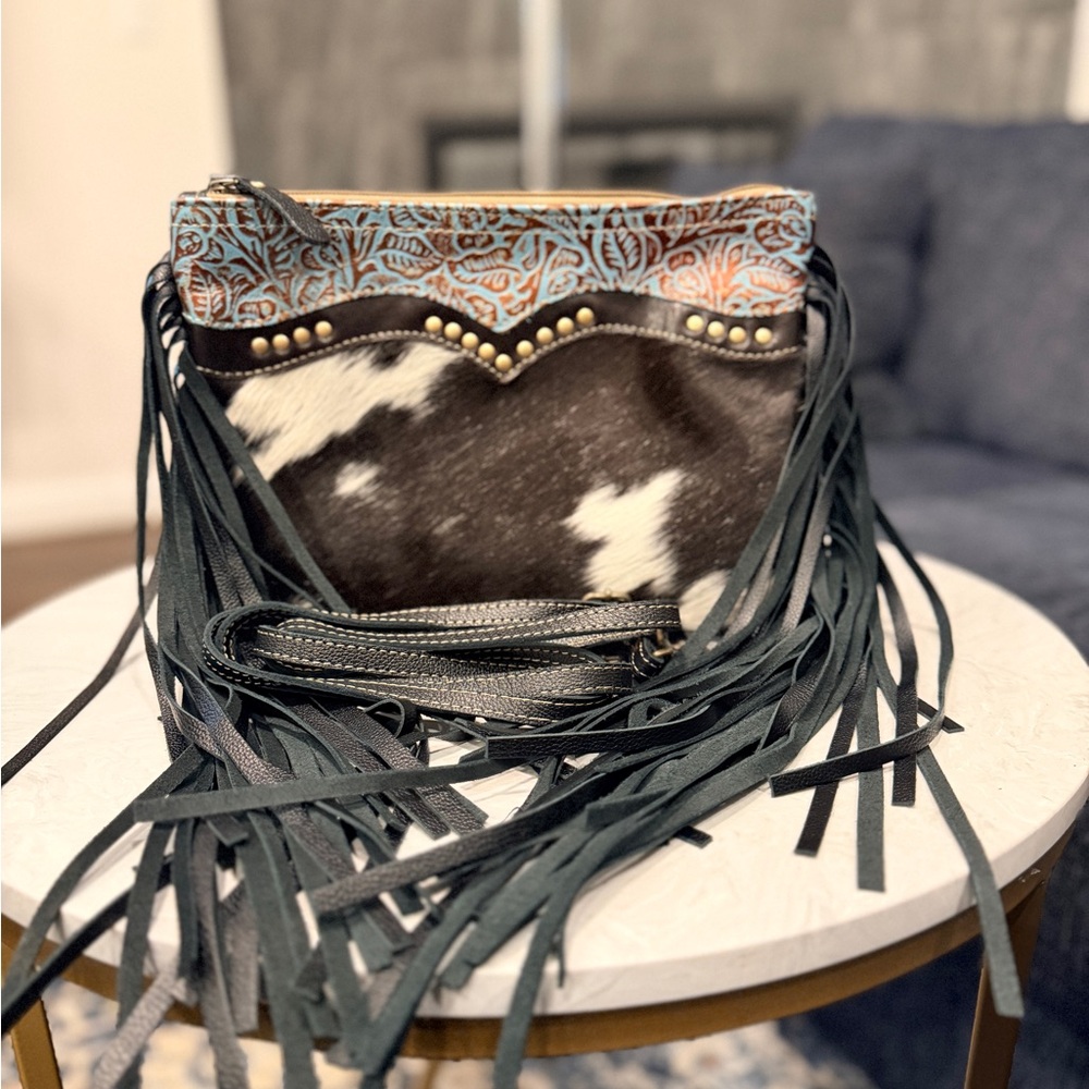 Myra Black and Turquoise Leather Hairon Crossbody- Used